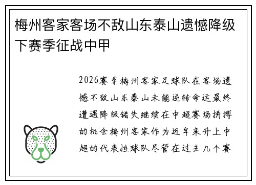 梅州客家客场不敌山东泰山遗憾降级下赛季征战中甲 梅州客家客场不敌山东泰山遗憾降级下赛季征战中甲